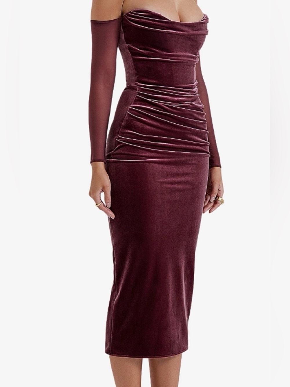 House of CB Velvet Ruched Midi Skirt in Deep Burgundy
